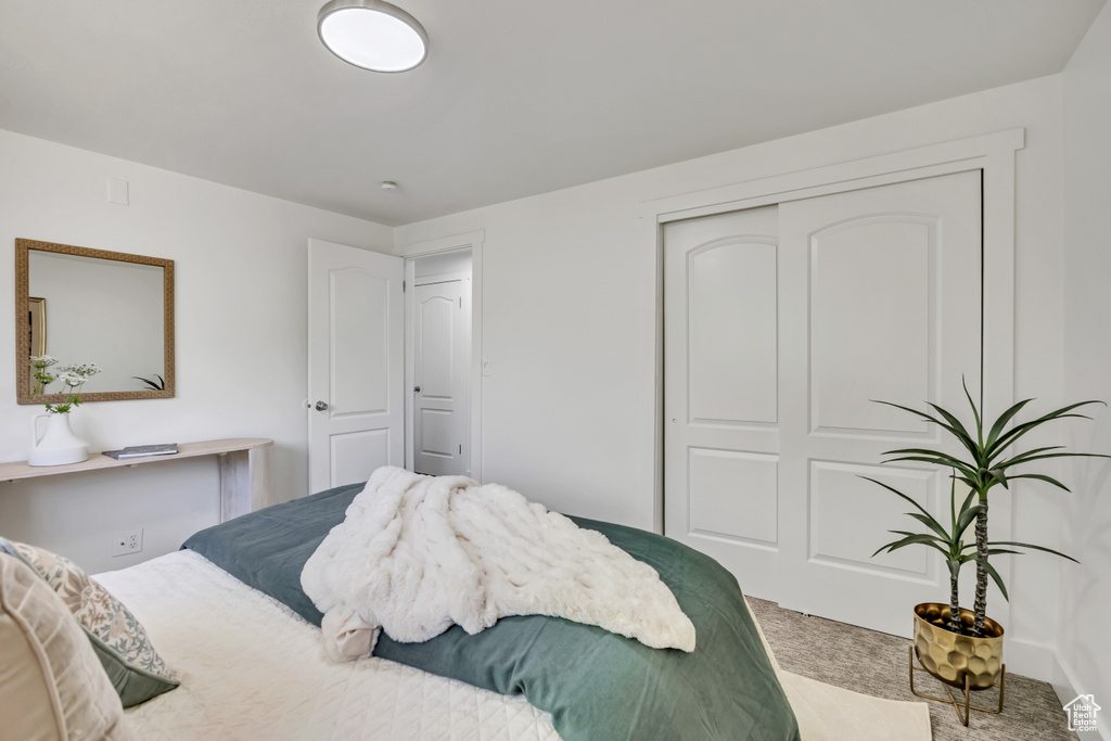 Carpeted bedroom with a closet