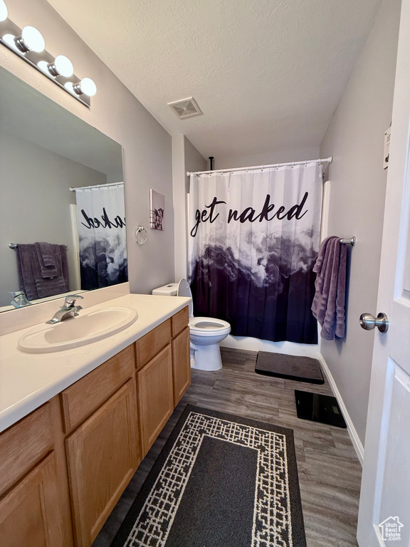 Full bathroom with vanity, wood finished floors, a textured ceiling, and a shower with curtain
