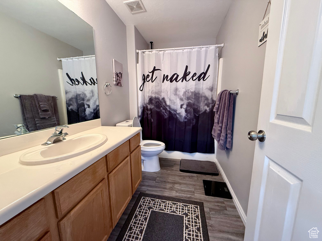 Bathroom with vanity, wood finished floors, and a shower with shower curtain