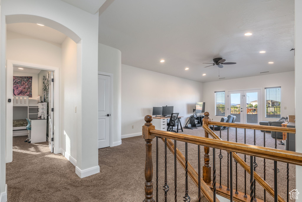 Office with carpet, arched walkways, a ceiling fan, and recessed lighting