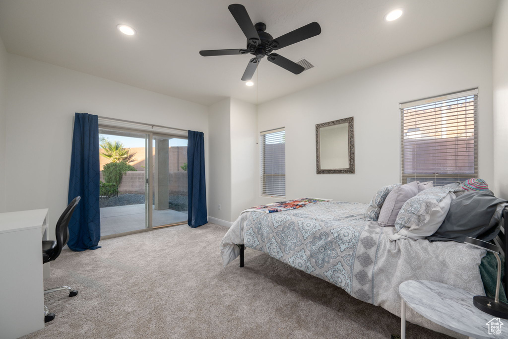 Carpeted bedroom with access to exterior, recessed lighting, and a ceiling fan
