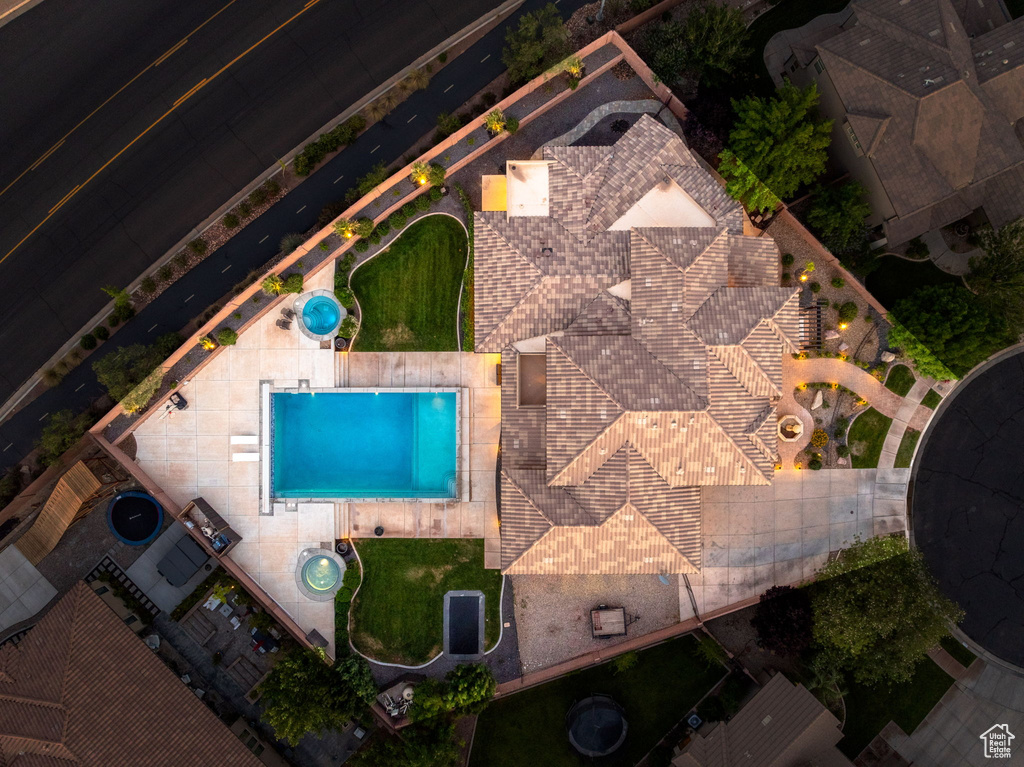 View from above of property featuring a pool area