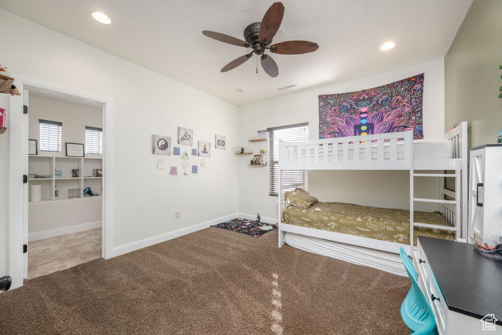 Bedroom with carpet flooring, recessed lighting, and ceiling fan