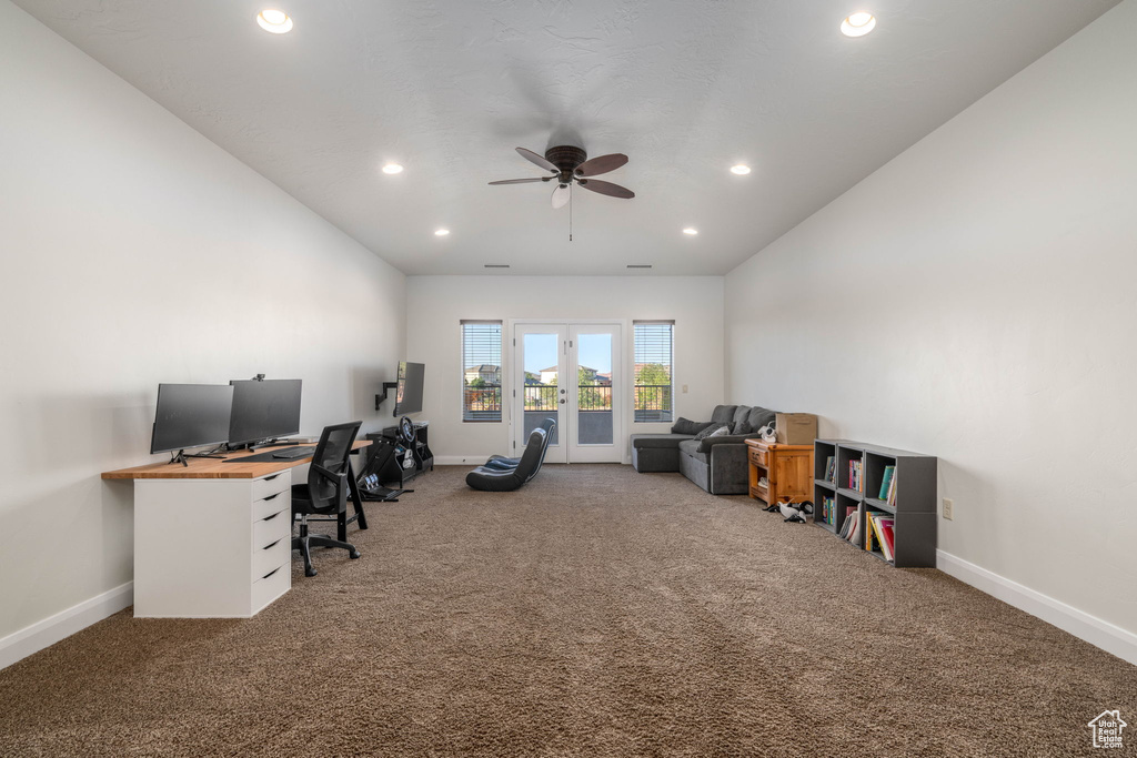 Office area with carpet, ceiling fan, recessed lighting, and vaulted ceiling