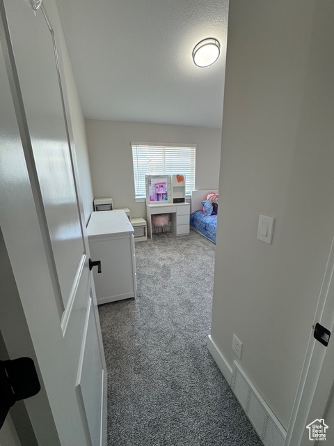 Hall with dark colored carpet