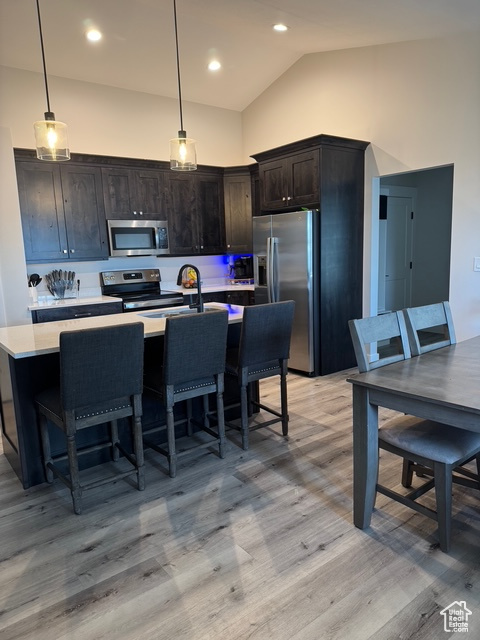 Kitchen featuring stainless steel appliances, lofted ceiling, light wood-type flooring, a center island with sink, and light countertops