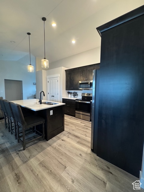 Kitchen with appliances with stainless steel finishes, light wood-style flooring, light countertops, an island with sink, and a kitchen breakfast bar