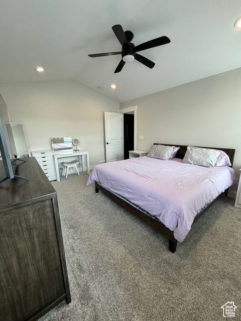 Bedroom featuring carpet flooring, vaulted ceiling, recessed lighting, and ceiling fan