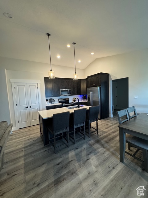 Kitchen with stainless steel appliances, vaulted ceiling, wood finished floors, light countertops, and a kitchen island with sink