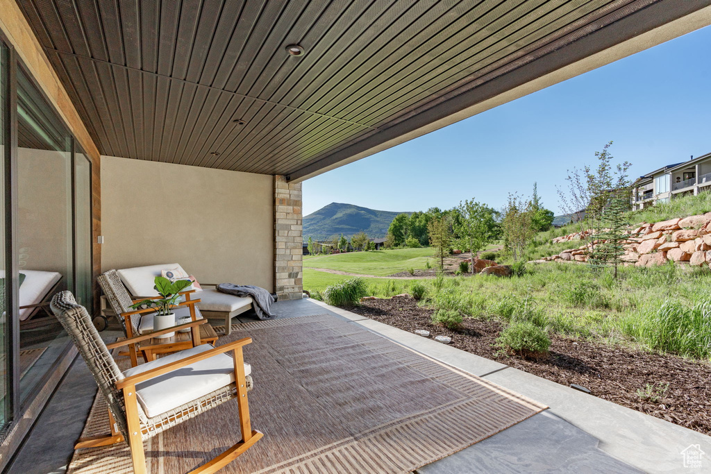 View of patio featuring a mountain view
