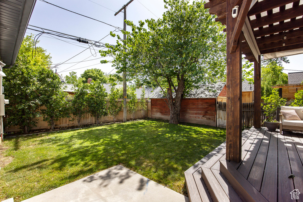 Fenced backyard featuring a wooden deck