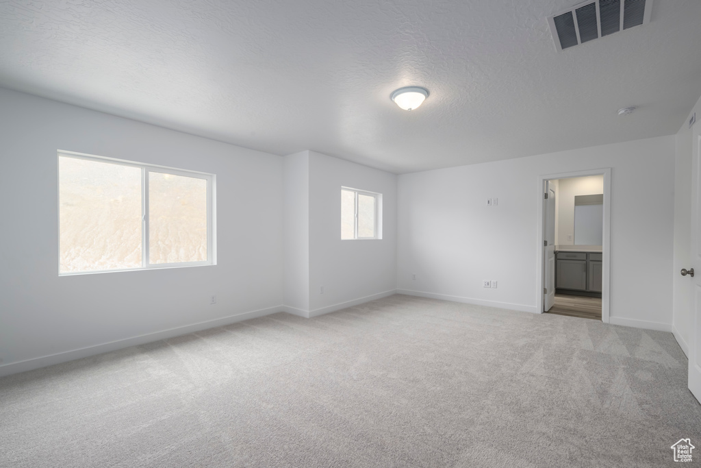 Empty room featuring light colored carpet and a textured ceiling