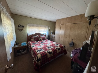 Carpeted bedroom featuring a closet and wooden walls