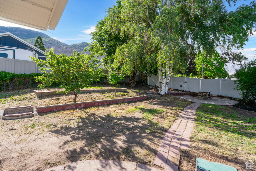Fenced backyard featuring a mountain view