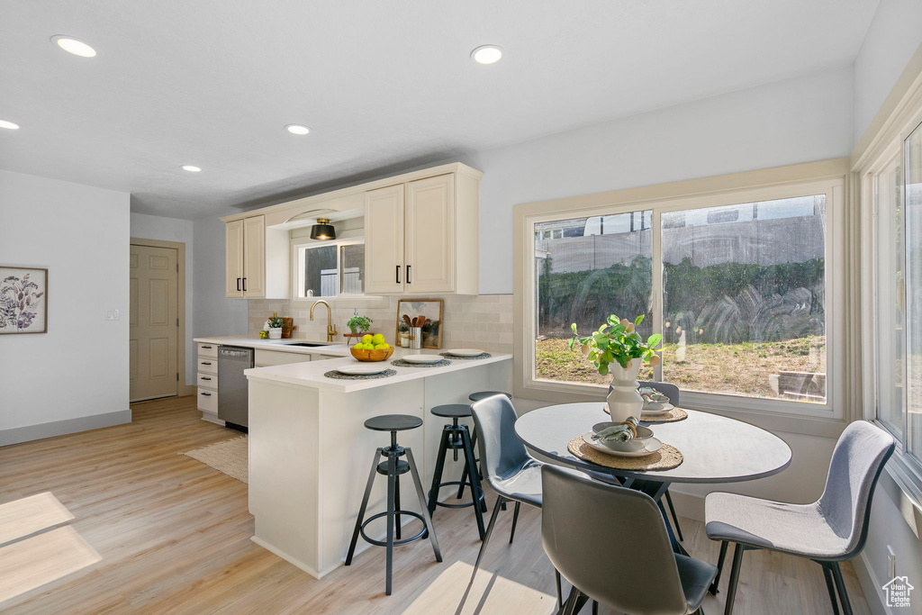 Kitchen featuring stainless steel dishwasher, light countertops, healthy amount of natural light, tasteful backsplash, and recessed lighting
