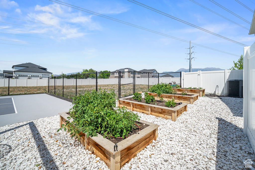 Fenced backyard with a garden