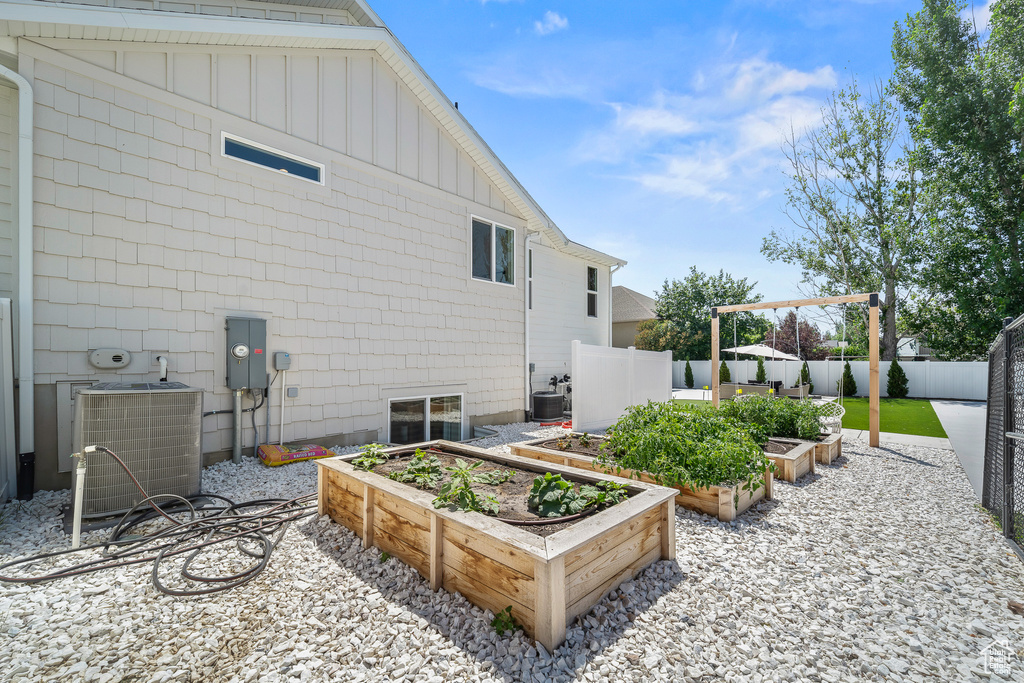 Fenced backyard with a vegetable garden