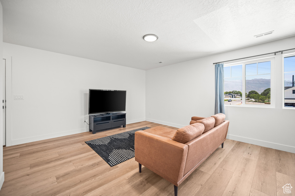Living room featuring light wood-style flooring and a textured ceiling