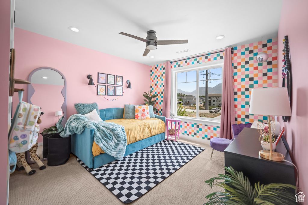 Bedroom featuring carpet flooring, recessed lighting, and ceiling fan