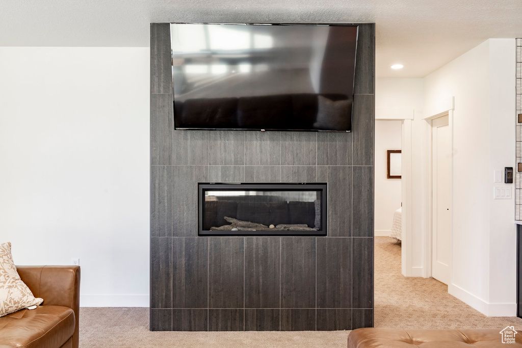 Carpeted living room with a glass covered fireplace and baseboards