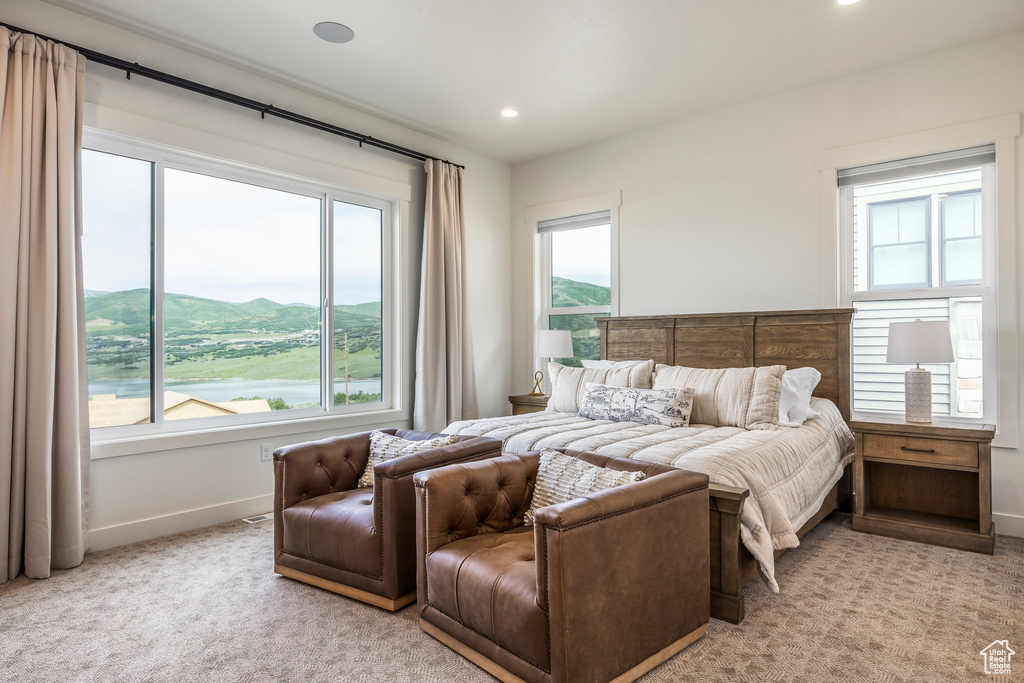 Bedroom featuring multiple windows, recessed lighting, and light colored carpet
