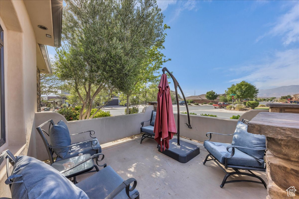 View of patio with a mountain view