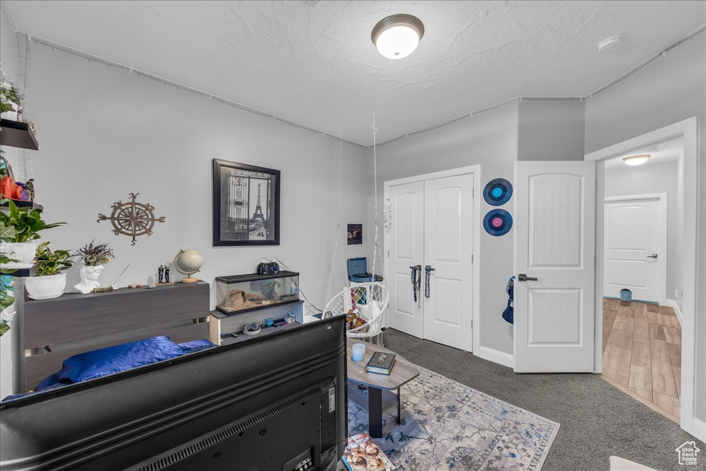 Carpeted bedroom with a closet and baseboards