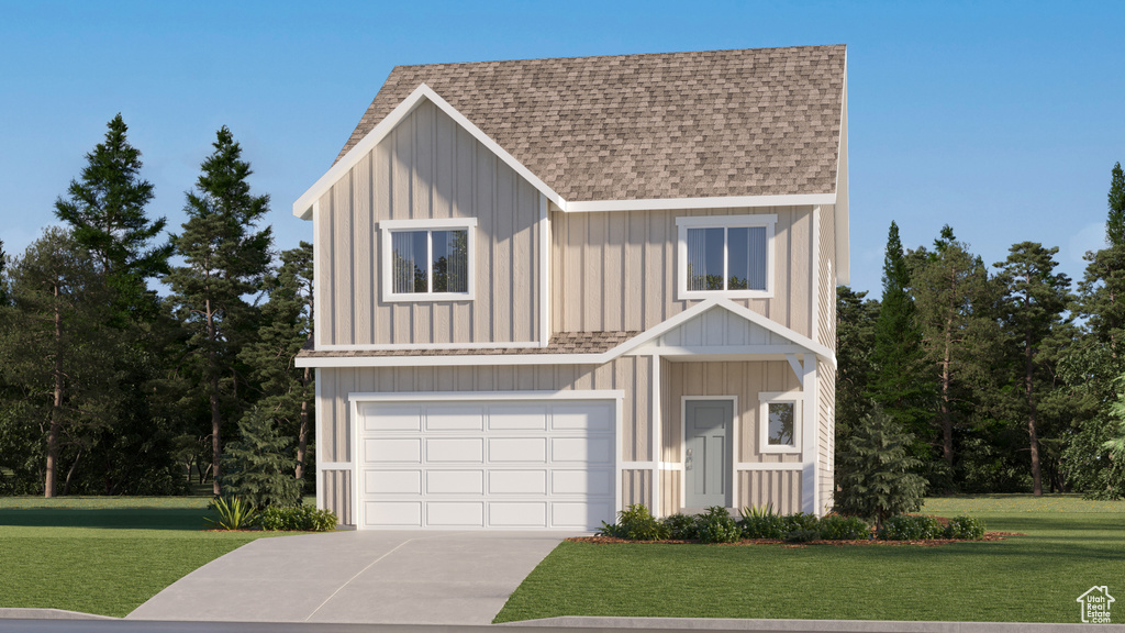 View of front facade with roof with shingles, a front lawn, driveway, board and batten siding, and an attached garage