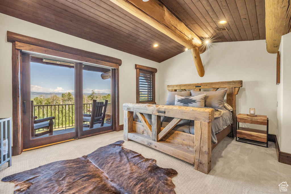 Bedroom featuring carpet flooring, wooden ceiling, access to exterior, and recessed lighting