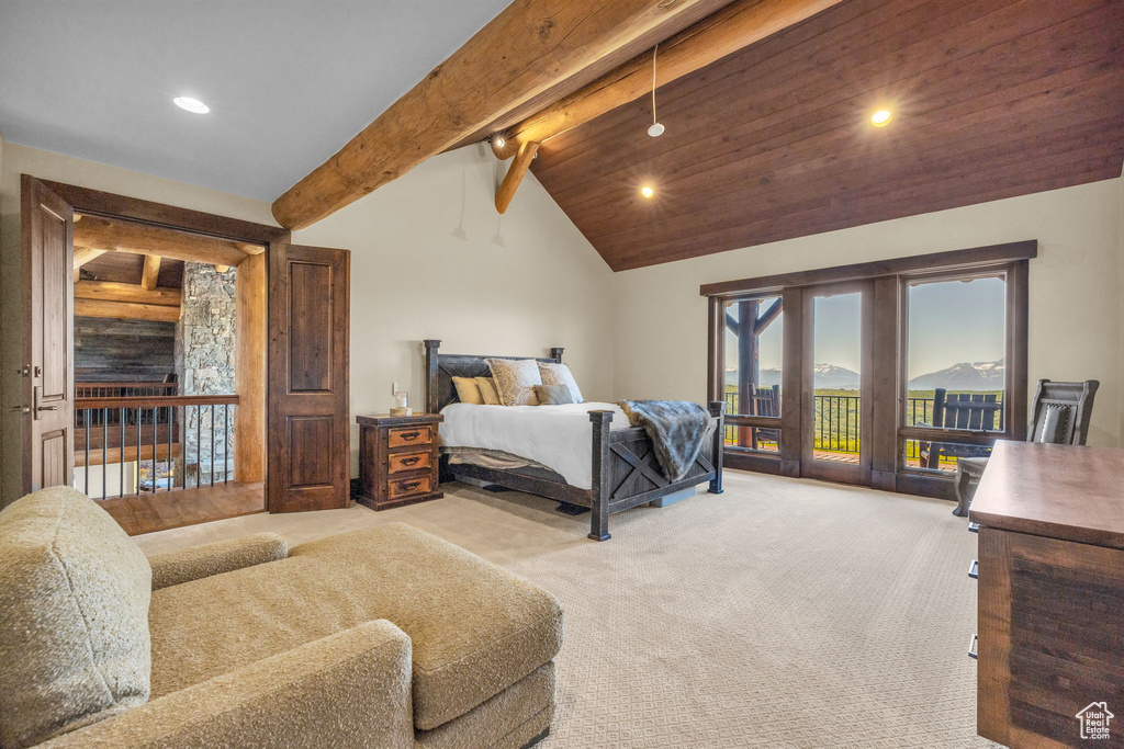 Carpeted bedroom featuring access to exterior and recessed lighting