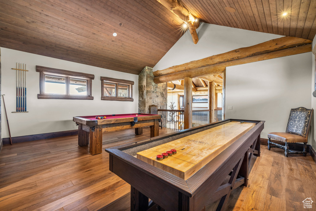 Rec room with billiards table, wooden ceiling, hardwood / wood-style floors, high vaulted ceiling, and recessed lighting