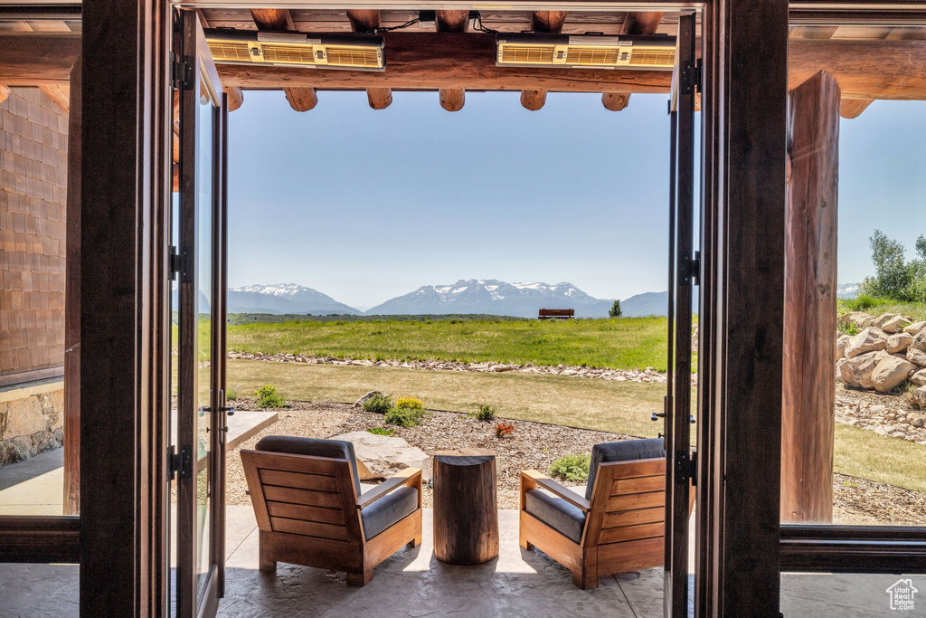 Interior space with a mountain view