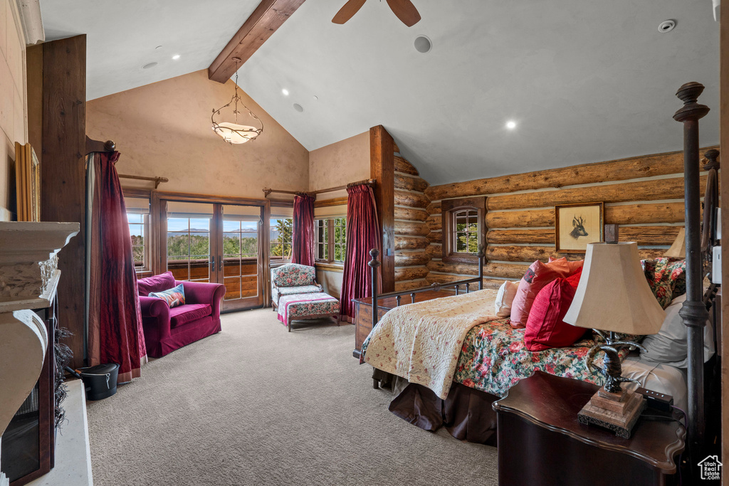 Bedroom featuring rustic walls, carpet floors, high vaulted ceiling, beamed ceiling, and recessed lighting