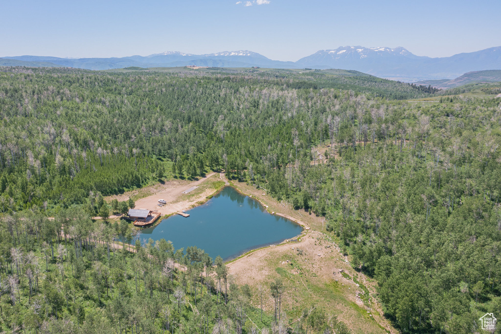Aerial view of property and surrounding area with a heavily wooded area and a water and mountain view