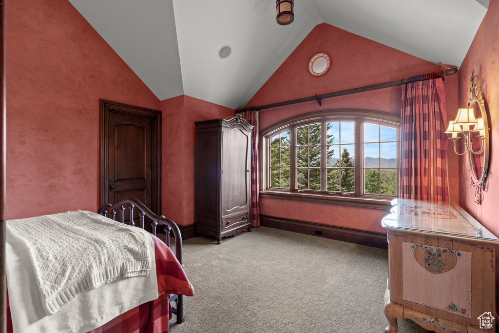 Bedroom with lofted ceiling and carpet flooring