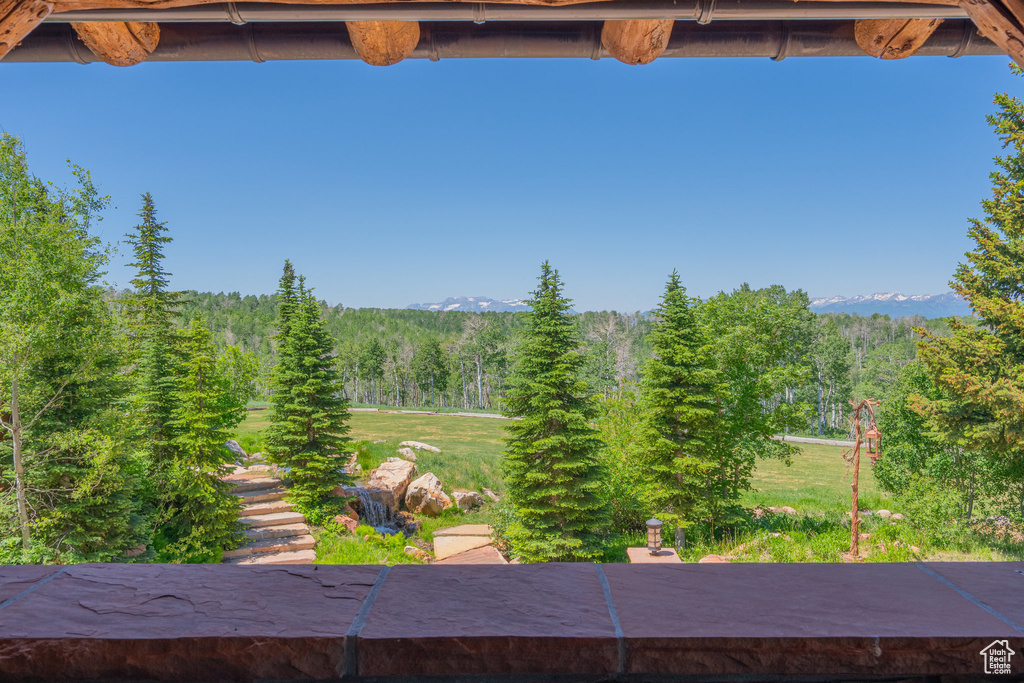 View of yard featuring a view of trees and a mountain view