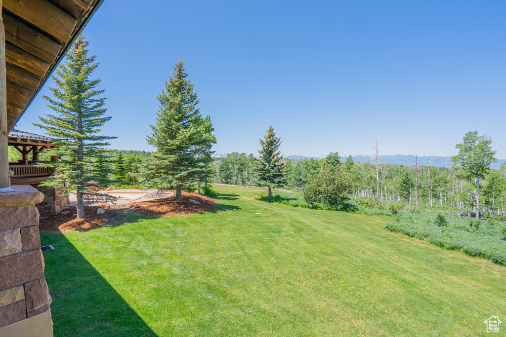 View of grassy yard with a mountain view