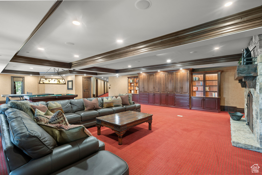 Living area with crown molding, carpet flooring, pool table, a fireplace, and recessed lighting
