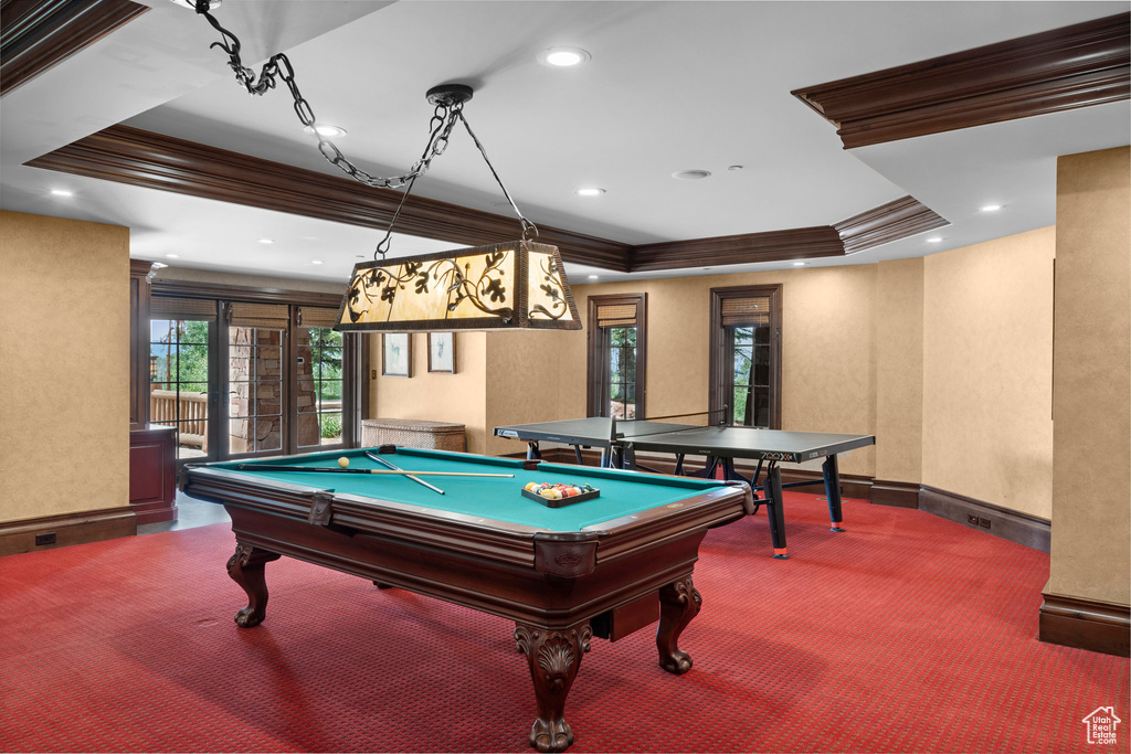 Game room featuring ornamental molding, a raised ceiling, carpet flooring, recessed lighting, and billiards table