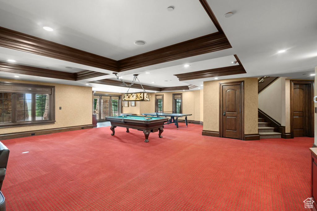 Game room featuring ornamental molding, carpet, billiards table, and recessed lighting