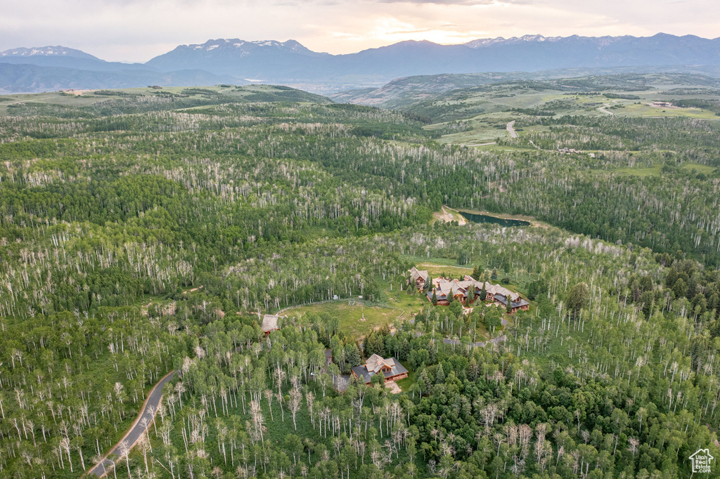 Aerial overview of property\\\\\\\'s location with a mountain backdrop and a heavily wooded area