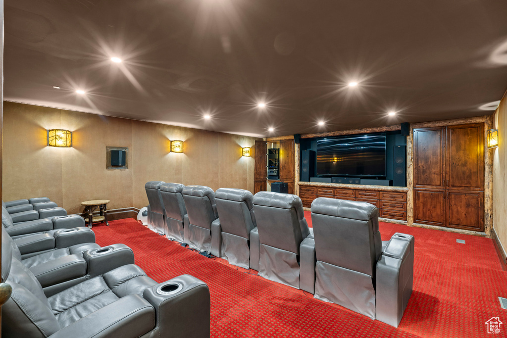 Carpeted cinema room featuring recessed lighting