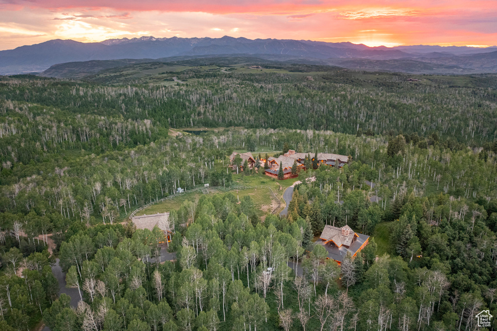 Aerial view at dusk of a wooded view and a mountain view