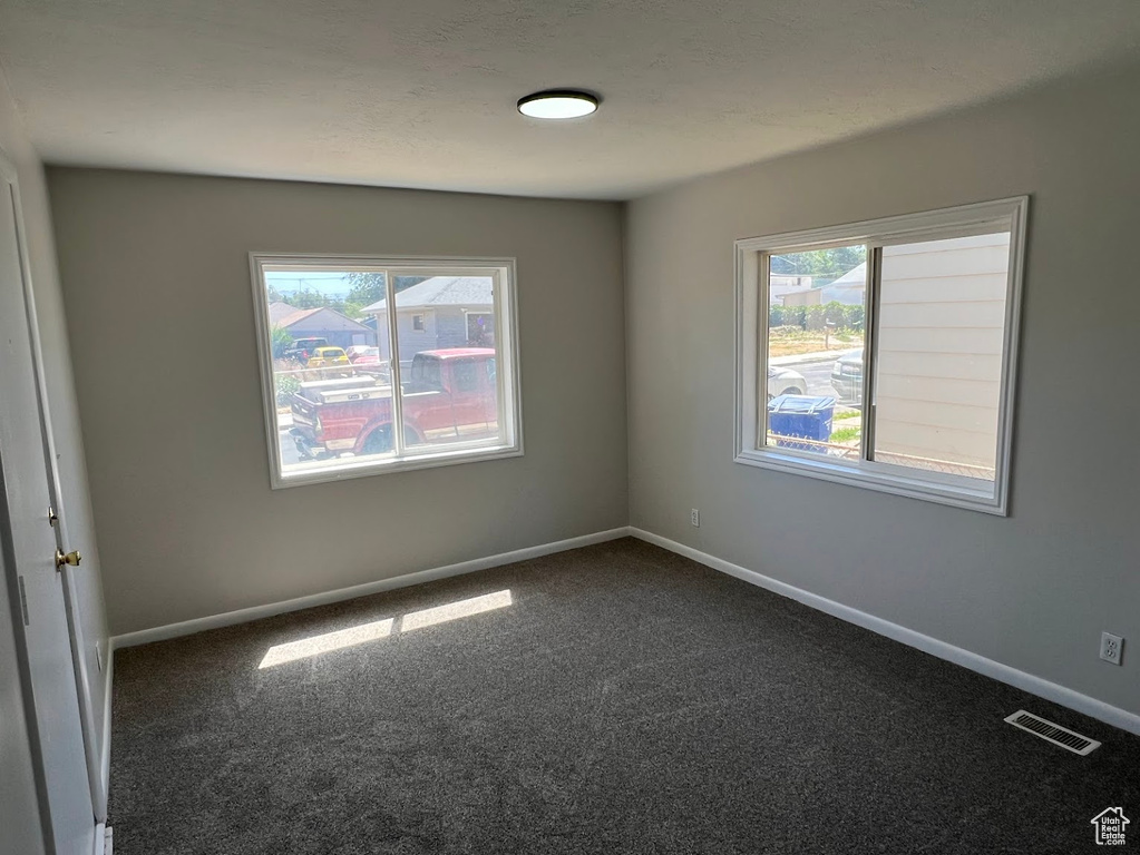 Spare room featuring plenty of natural light and dark carpet