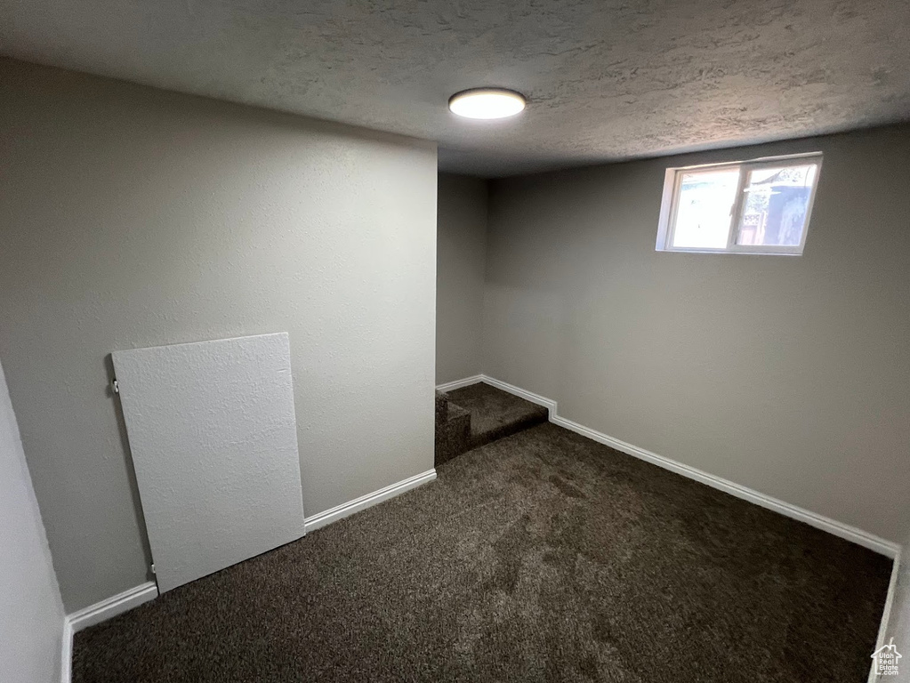 Basement with dark colored carpet and a textured ceiling