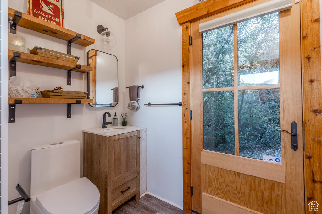 Bathroom featuring vanity and wood finished floors