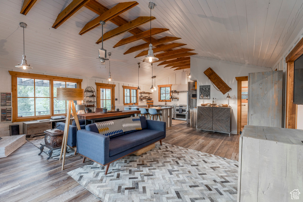 Living area with hardwood / wood-style flooring and wood ceiling