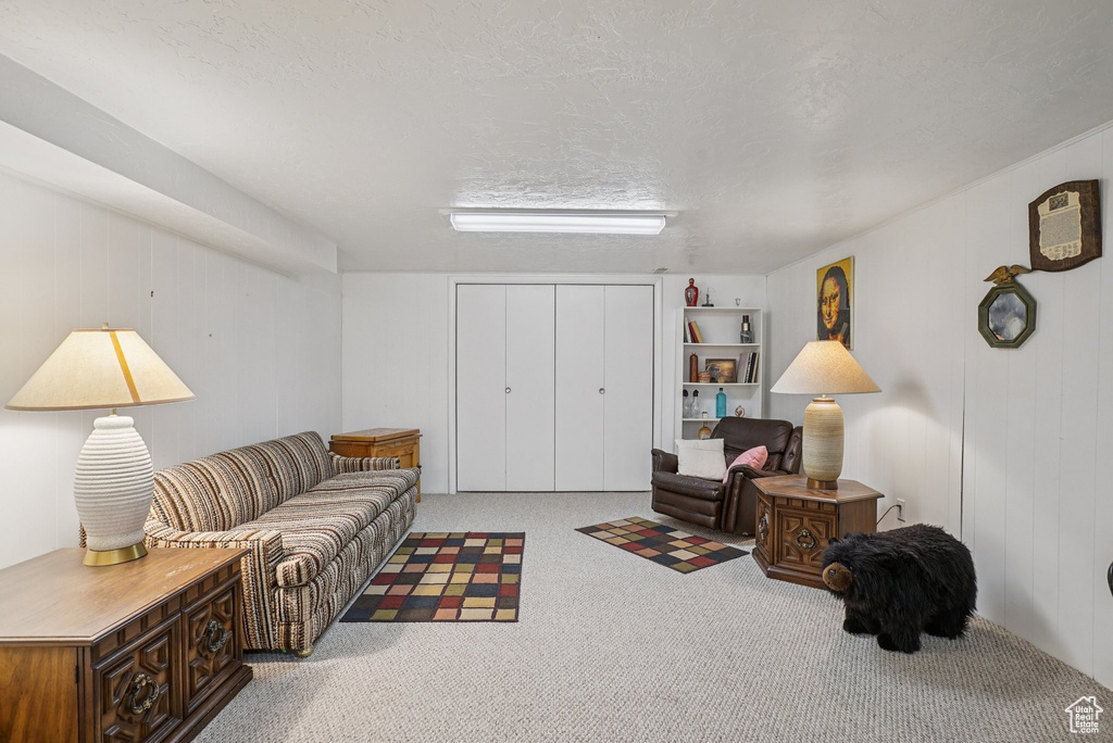 Living area with carpet flooring and built in features