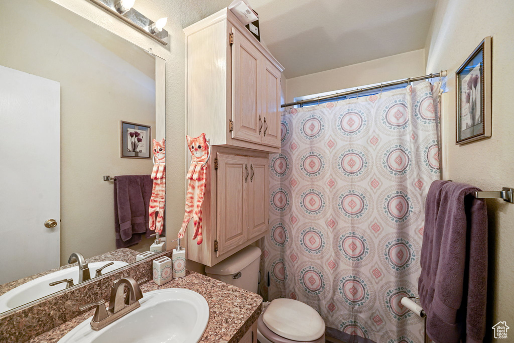 Bathroom with vanity and a shower with curtain