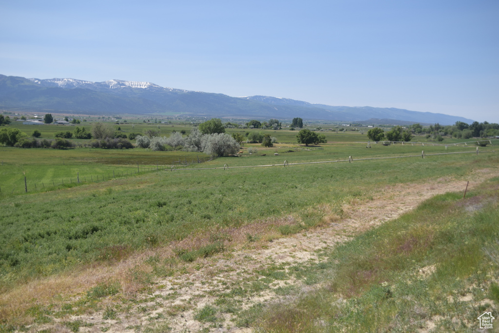View of mountain backdrop with rural landscape and agricultural land